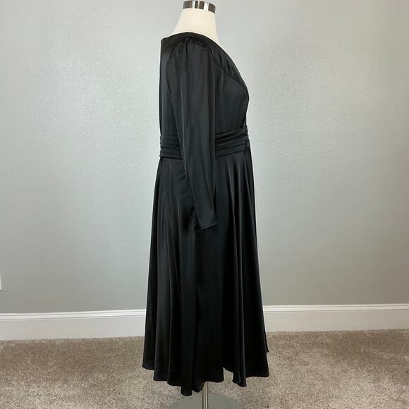 Mac Duggal Satin Long Sleeve Fit and Flare Midi Cocktail Dress Black Size 20W - Picture 3 of 14